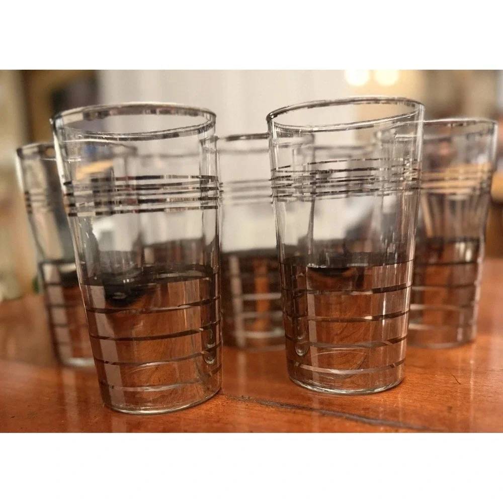 7 Vintage Mid-Century Modern Glass Silver Striped High Ball Tumblers 5 .5 X 2.5